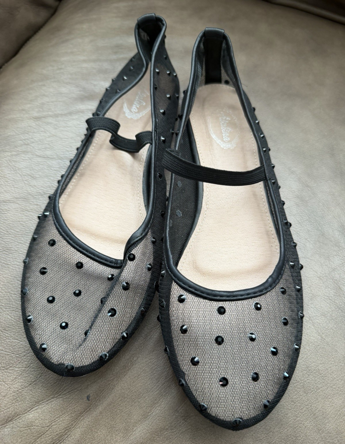 Aialina Women’s Black Mesh Studded Mary Jane Flats Round Toe US 9