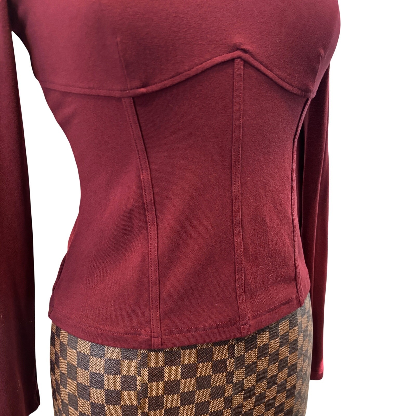 Commense Burgundy Corset-Style Knit Top Large High Neck Long Sleeve Shirt Goth