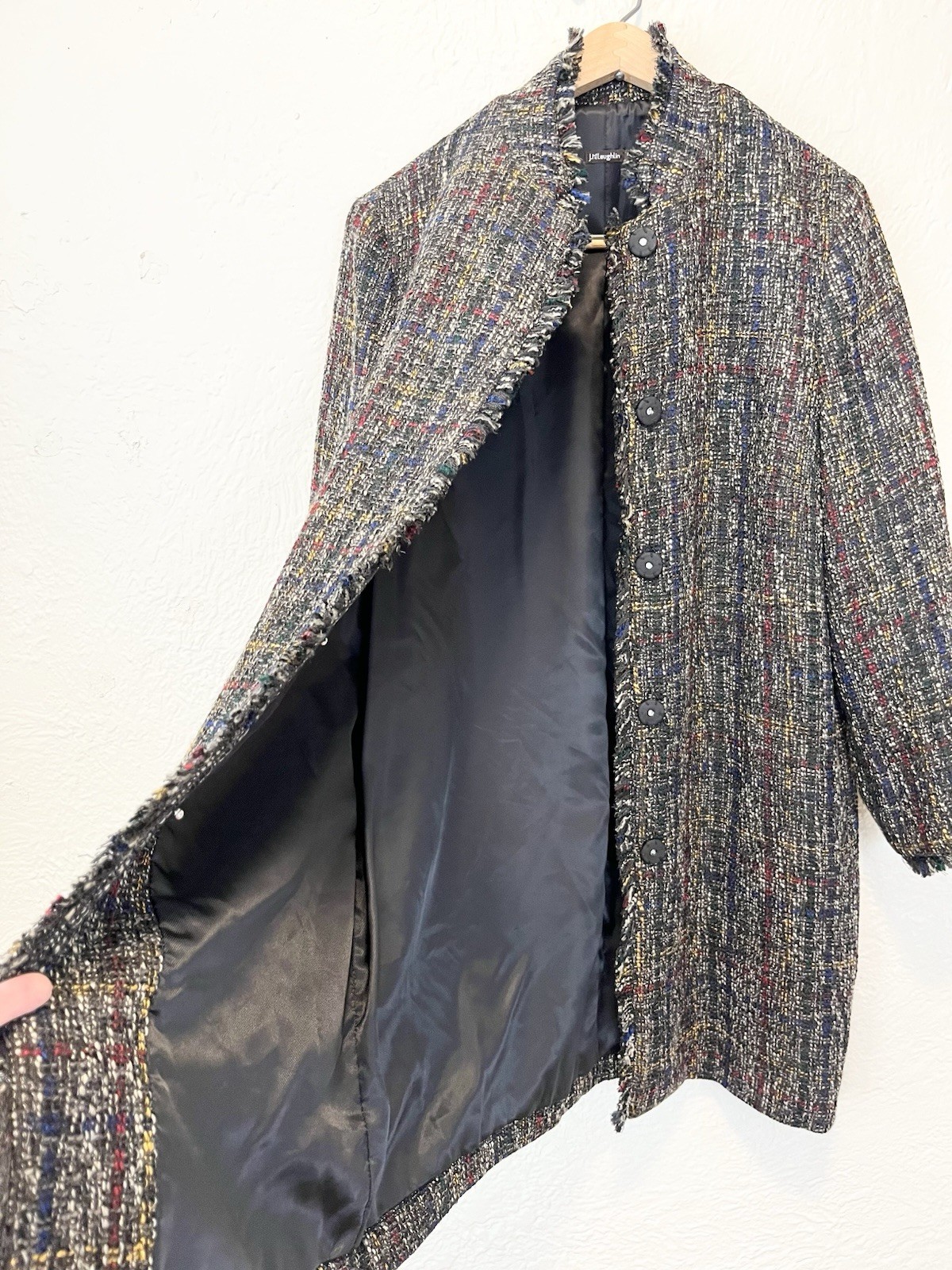 J. McLaughlin Jacket Coat Black Blue Tweed Fringe Large L