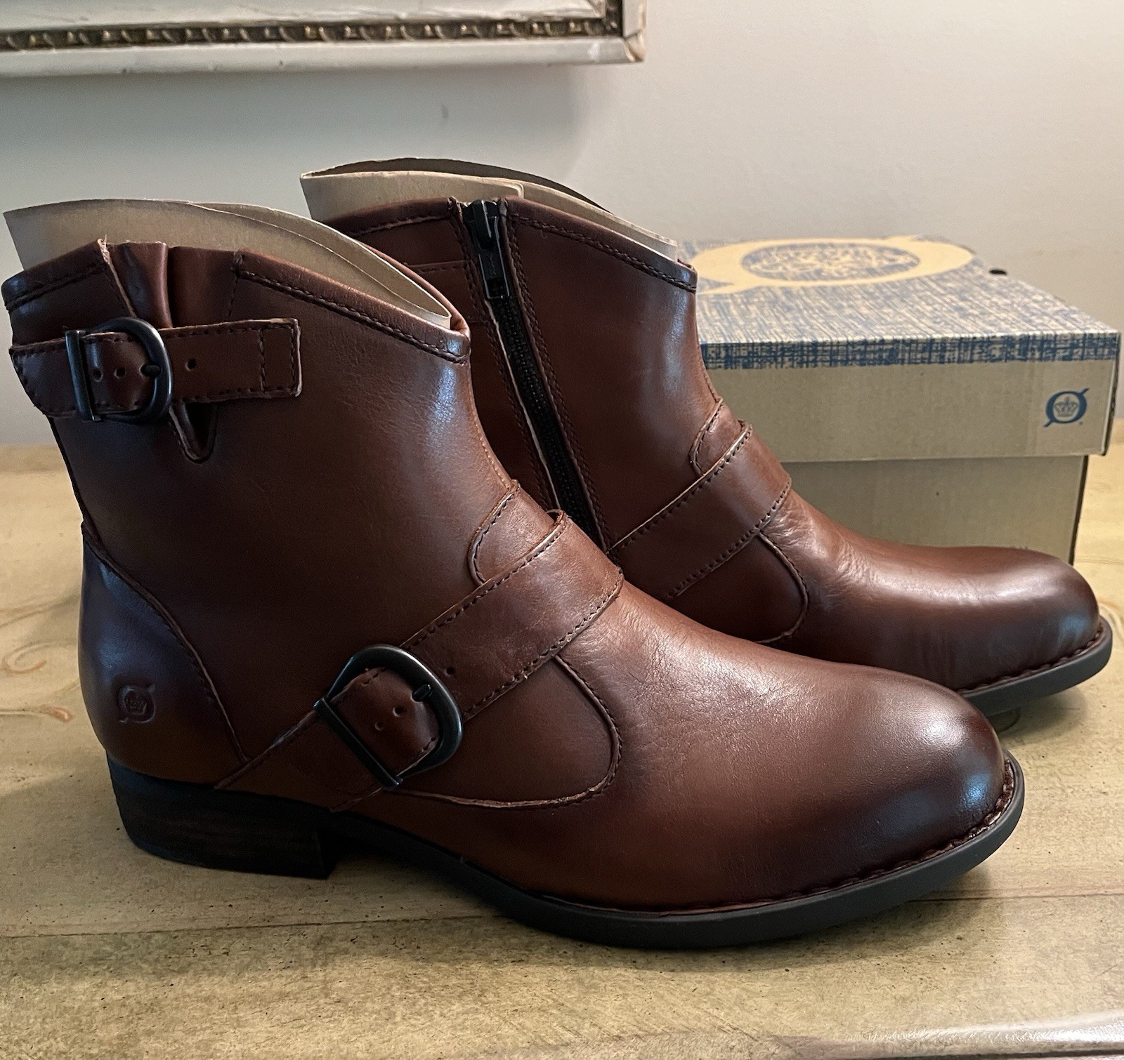 Born Boots Woman’s 9.5M Regis Ankle Bootie Cognac Brown Leather Moto Western NWT