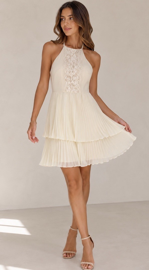 Max & Cleo Ivory Lace Halter Pleated Dress Sz 4 Cocktail Wedding Guest Romantic