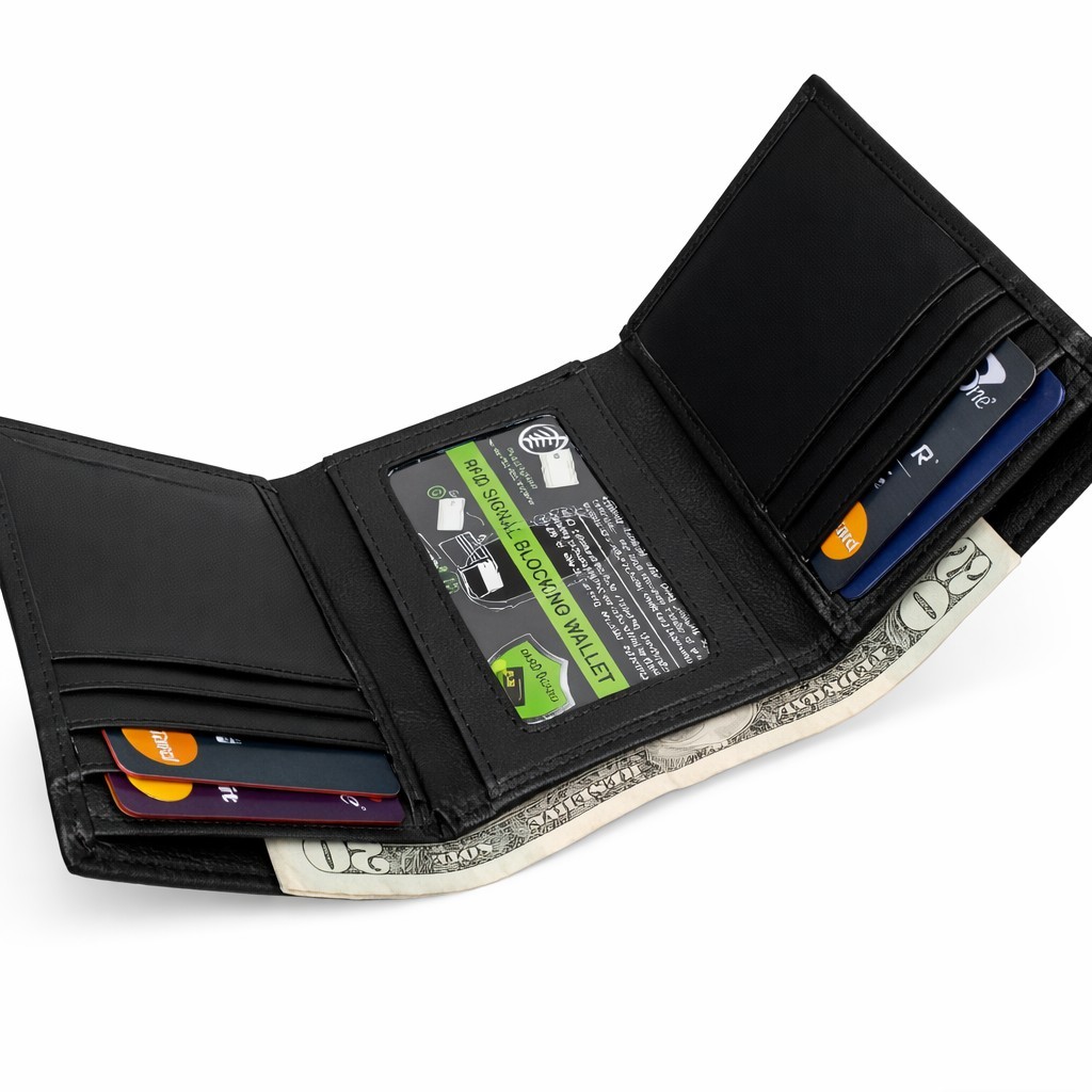 Men’s Genuine Leather RFID Security Black Trifold Wallet with Inside Zipper Box