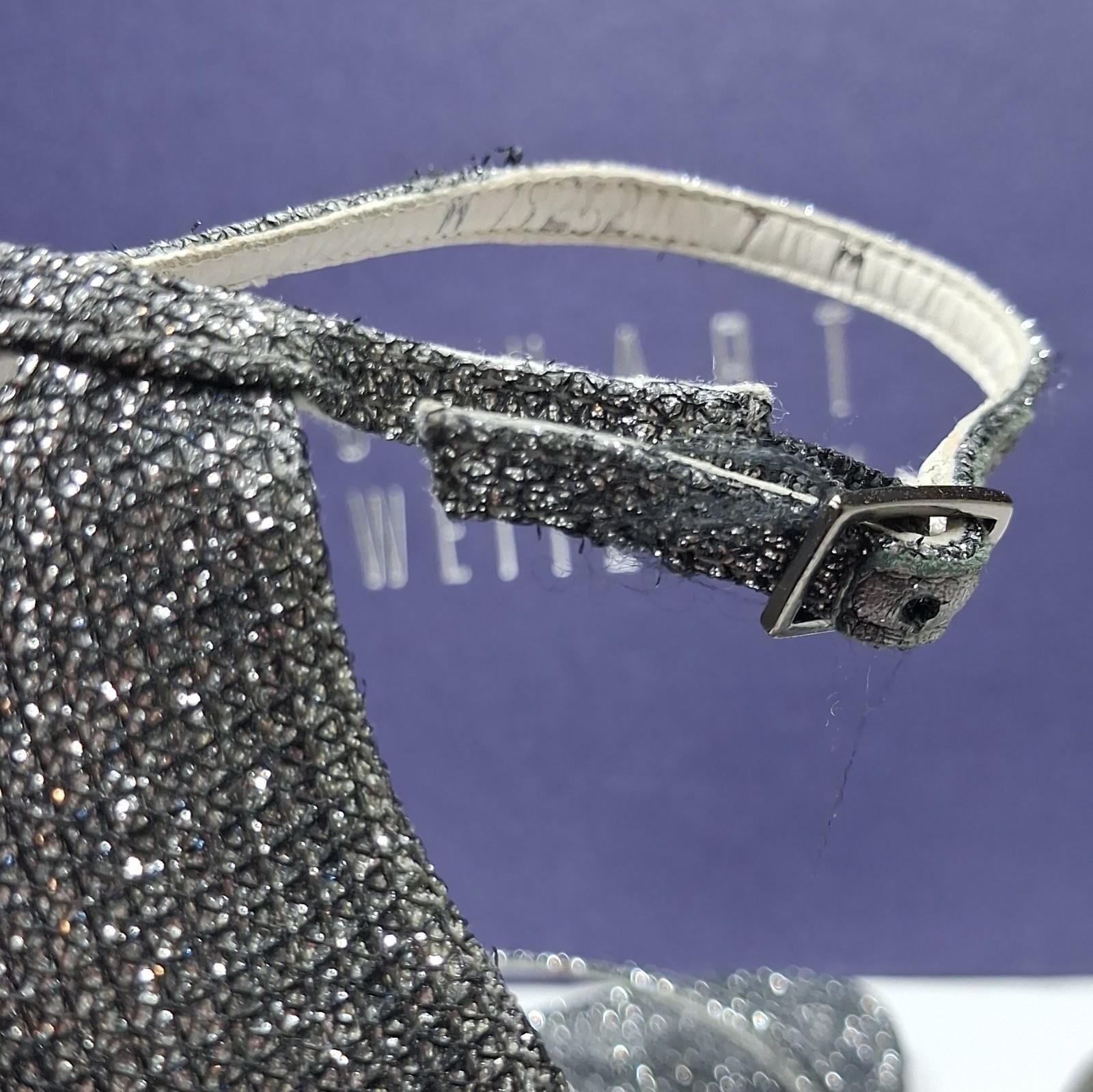 Stuart Weitzman Pewter Glitter Ankle Strap Stiletto Open Toe Heels 7B