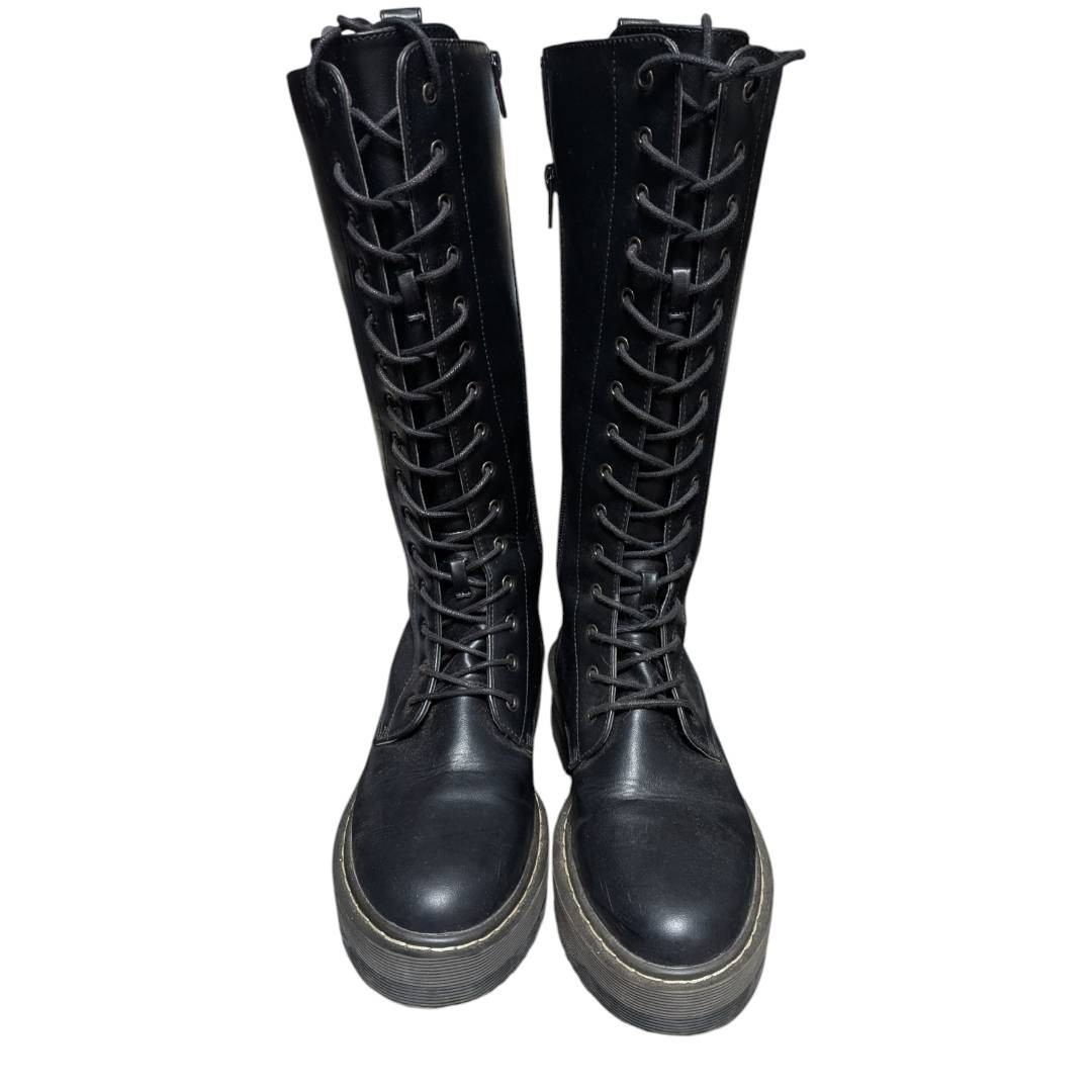 No Brand 15-Hole Platform Lace-Up Boots Side Zip Black 23.5cm Super Excellent