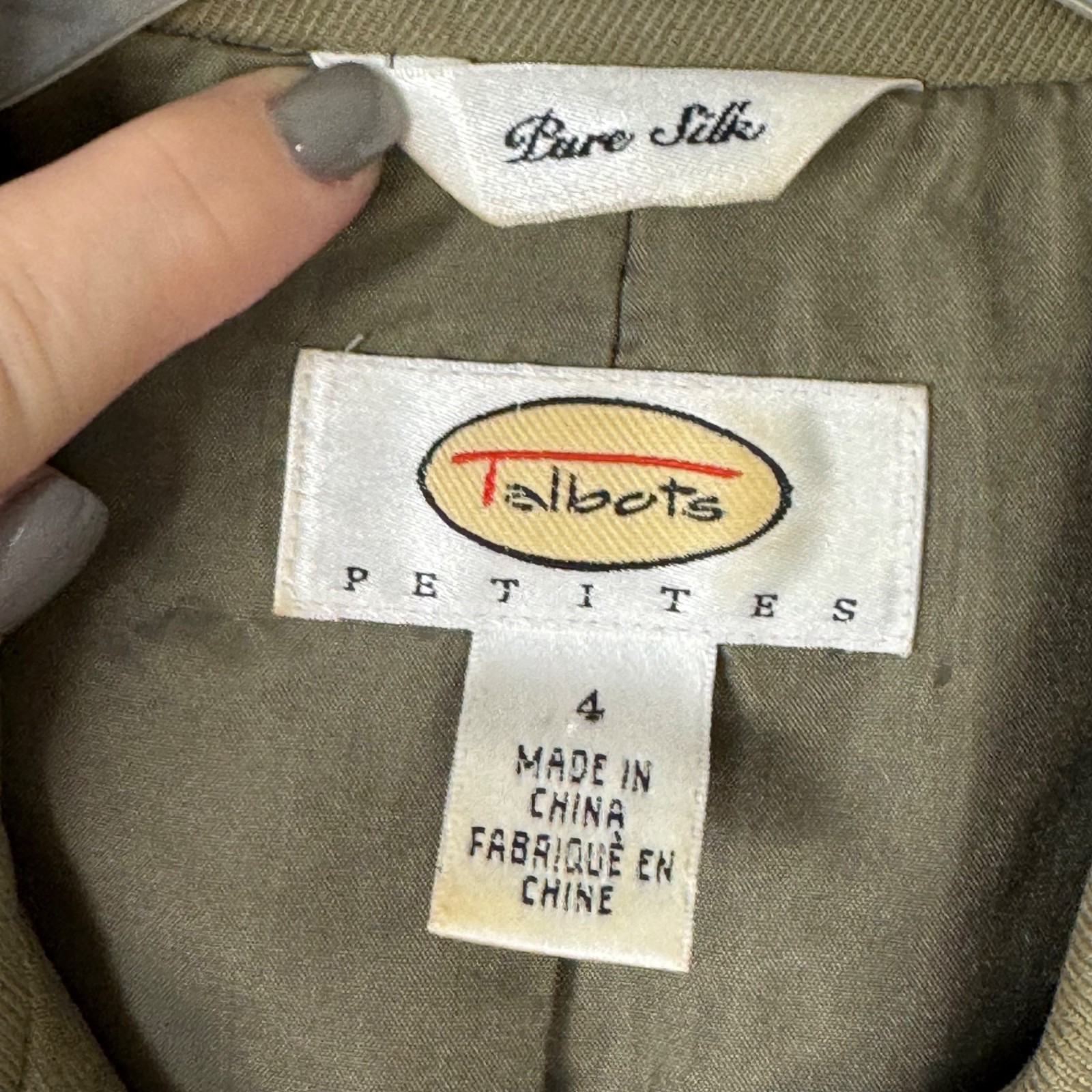 Talbots 100% Silk Olive Green Jacket Size 4P Button Career Casual Safari Blazer