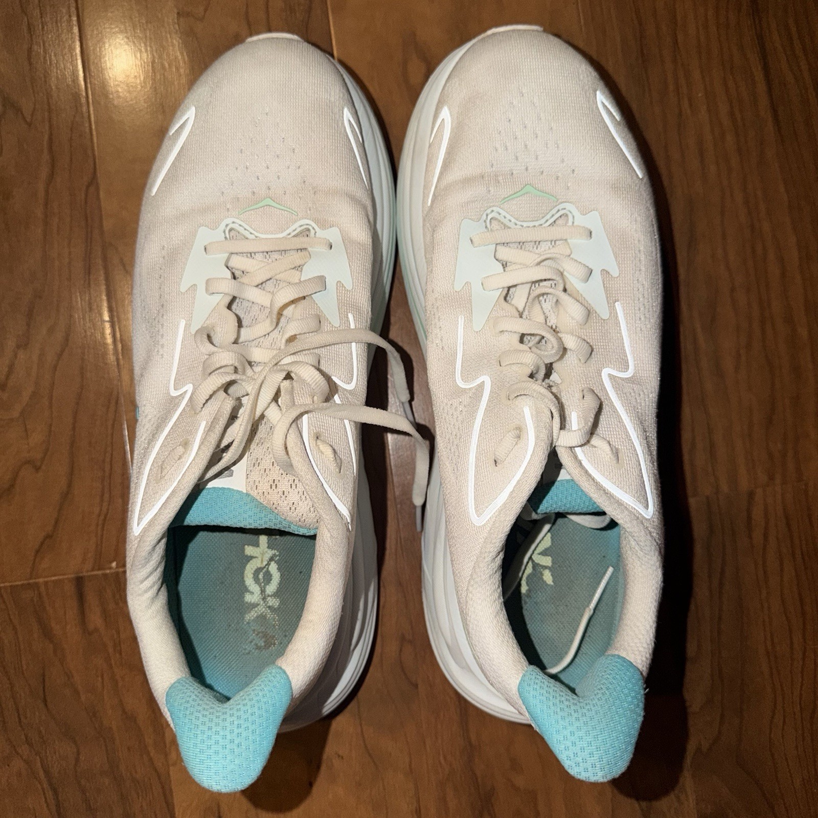 HOKA White/Blue Mesh Lace Up Low Top Athletic Running Sneakers