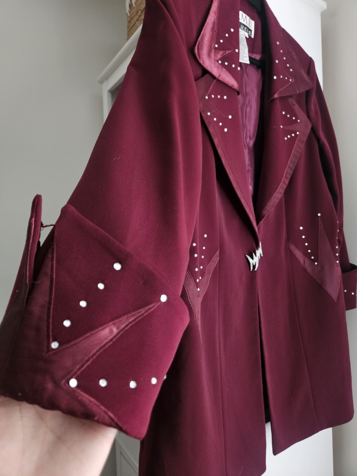 B.M.I. studio Burgundy Studded Western Blazer Jacket, Button Front, Lined, 14