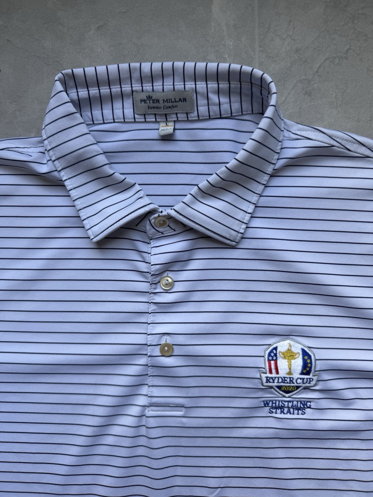 Peter Millar Summer Comfort Men’s L White/Blue Striped Ryder Cup Polo Stretch