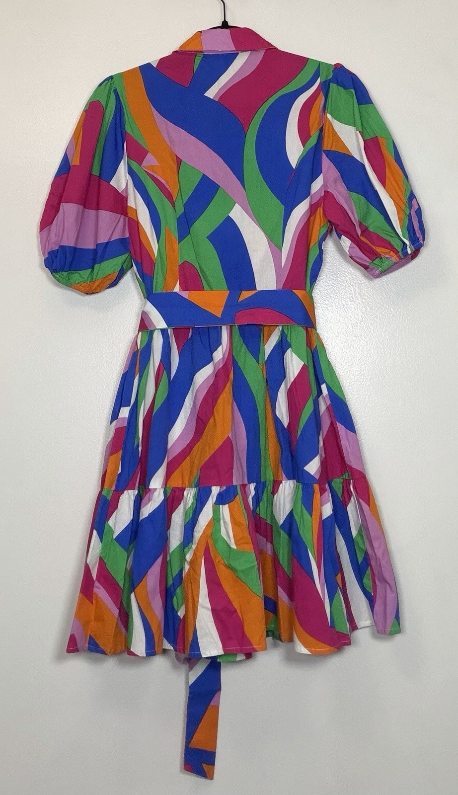Multicolor Abstract Collared Button Front Puff Sleeve Belted Shirt Dress Size S