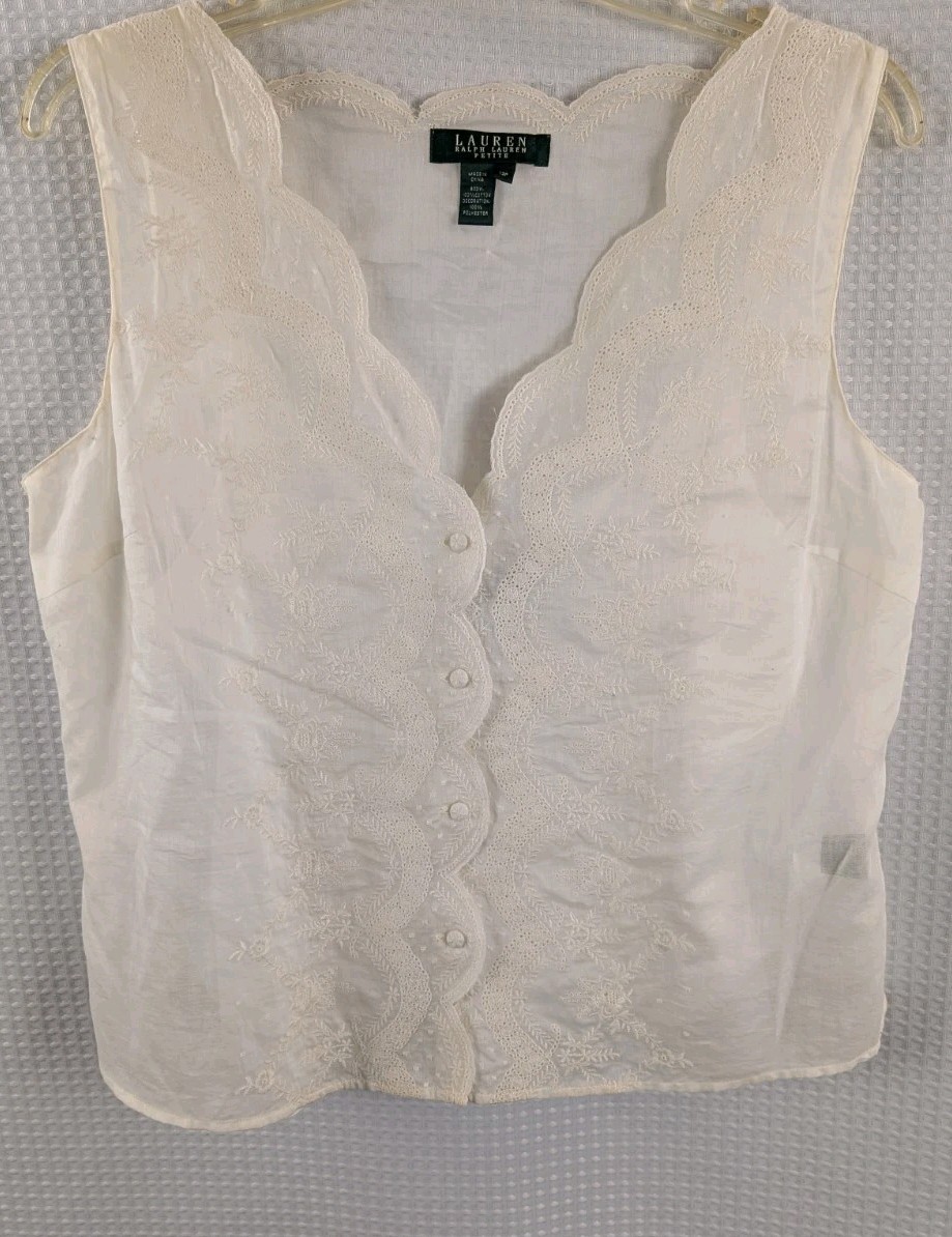 Lauren Ralph Lauren Cream Sleeveless Embroidered Top with Cami Top NWOT Sz 12P