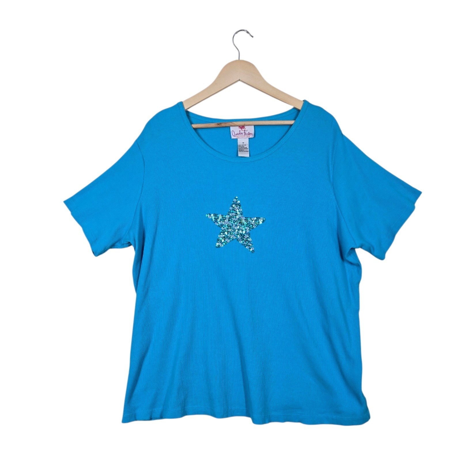 Quacker Factory Sequin Star Top sz 1X Turquoise Teal 100% Ribbed Cotton Stretch
