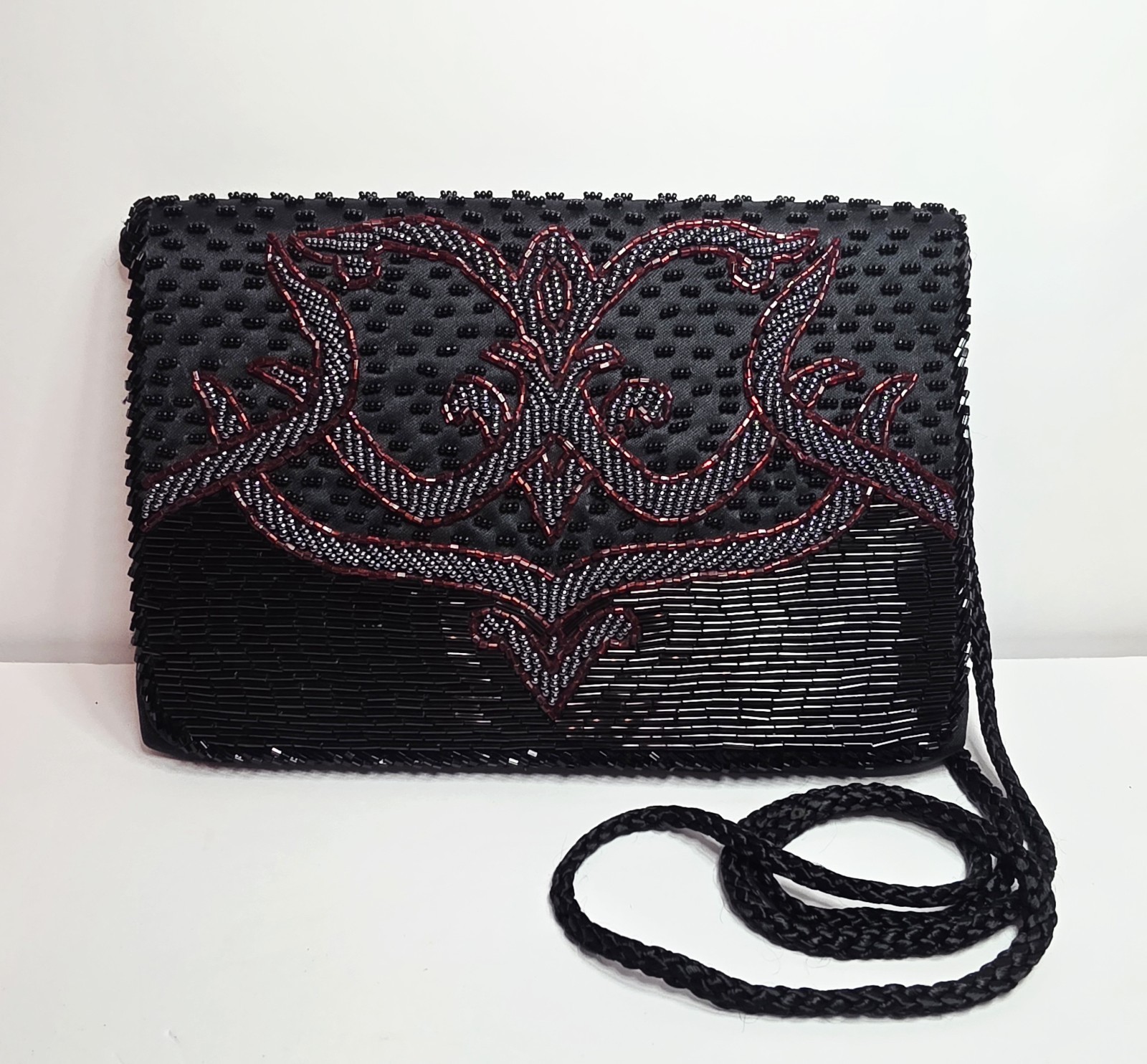 1990’s Black Silver Red Beaded Black Satin Evening Clutch Shoulder Bag 7.75×5.3″
