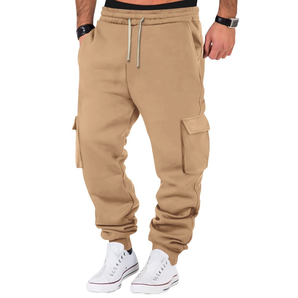 Spring Fall Men’s Cargo Joggers Soft Fleece Sweatpants Multi-Pockets Drawstring