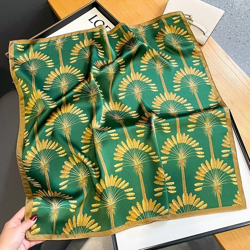 100% Silk Square Scarf Women Green Golden Wheat Kerchief Headscarf Tied 68*68cm