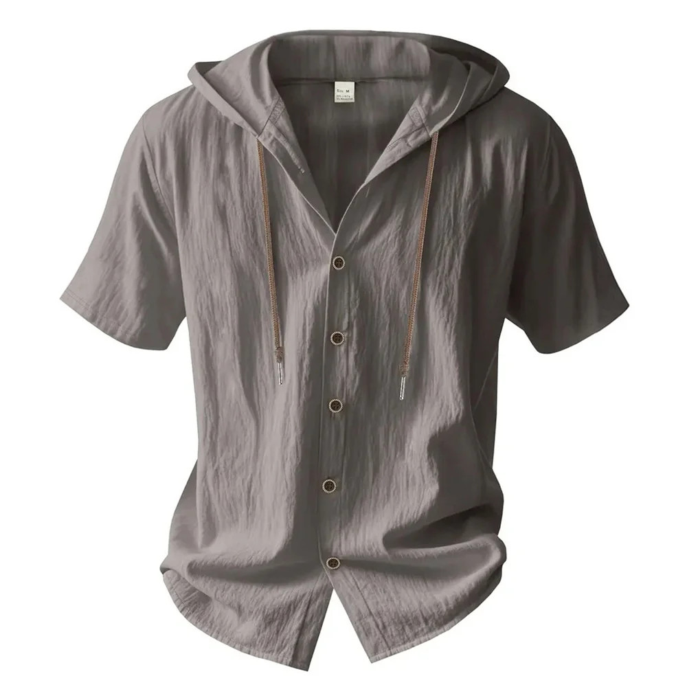 Men Cotton Linen Hooded Shirt Short Sleeve Breathable Casual Hoodie Summer Gift