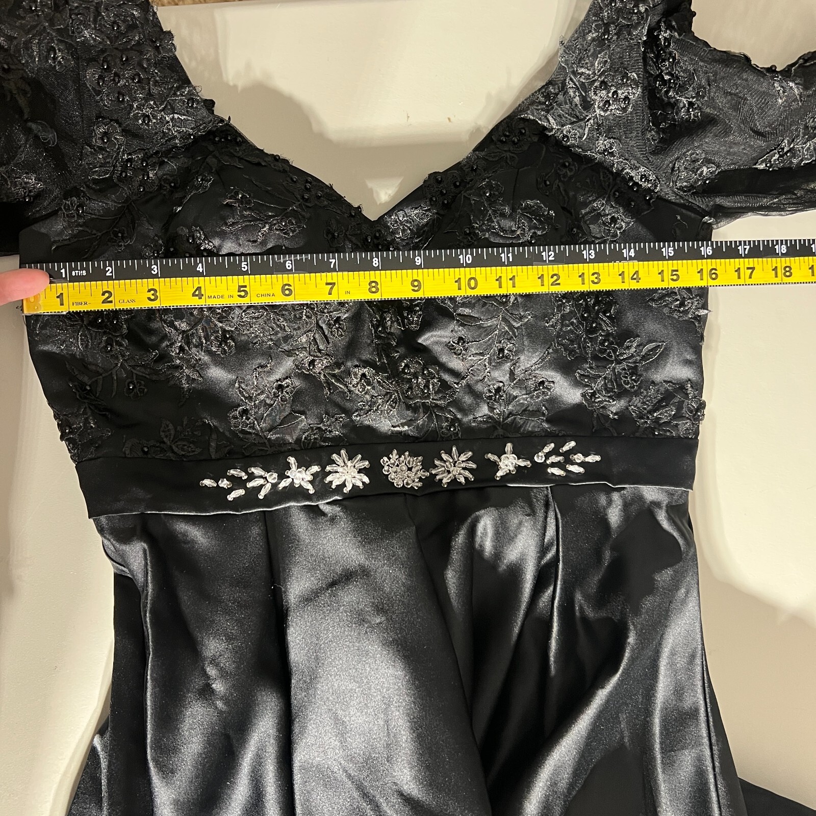 Formal Gown Dress 10 Black Floral Applique Beaded A-Line Evening Long Whimsigoth