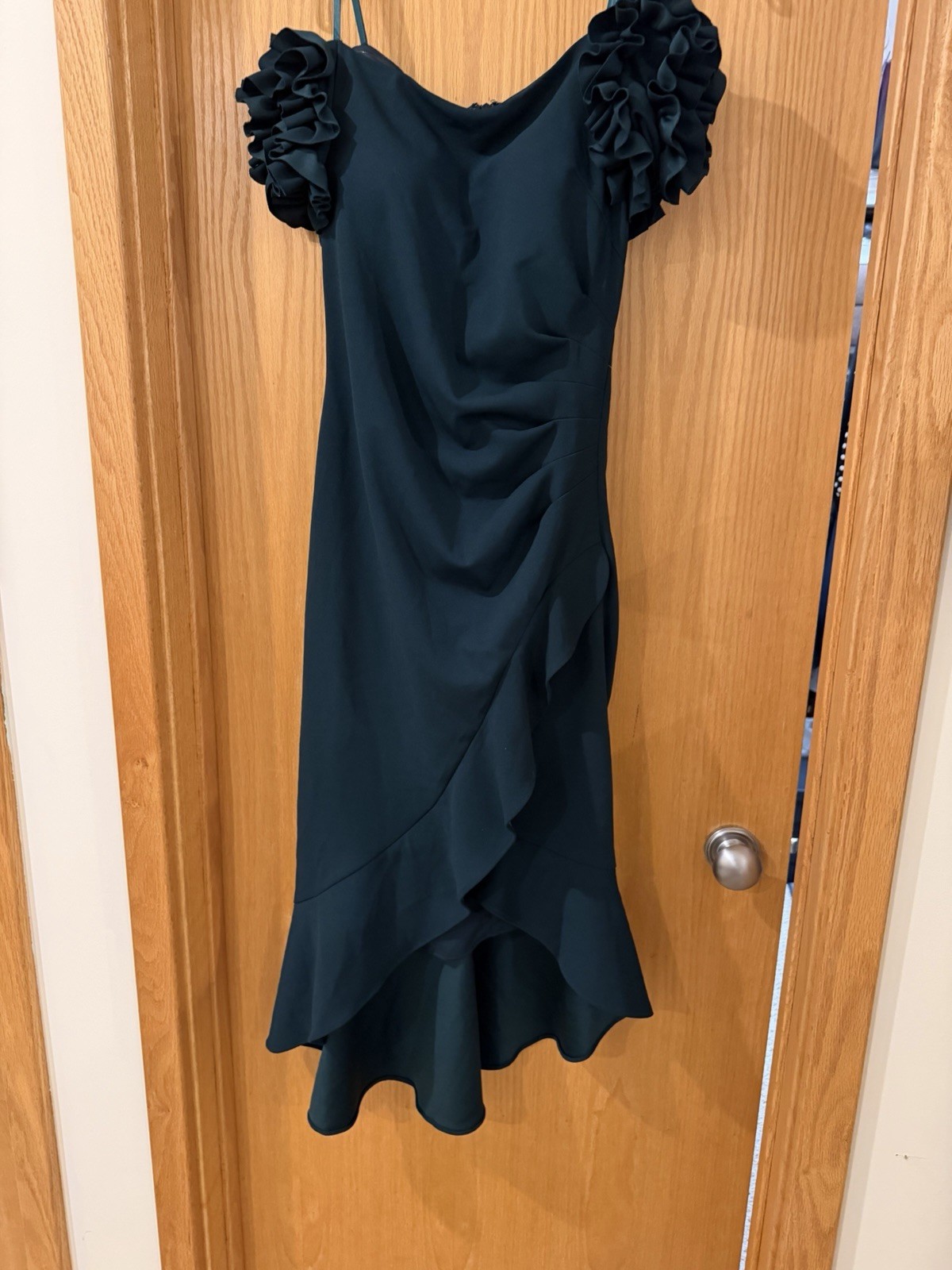 Xscape Off-Shoulder Ruched Ruffle Sleeve Midi Sheath Dress Green 10 Chiffon