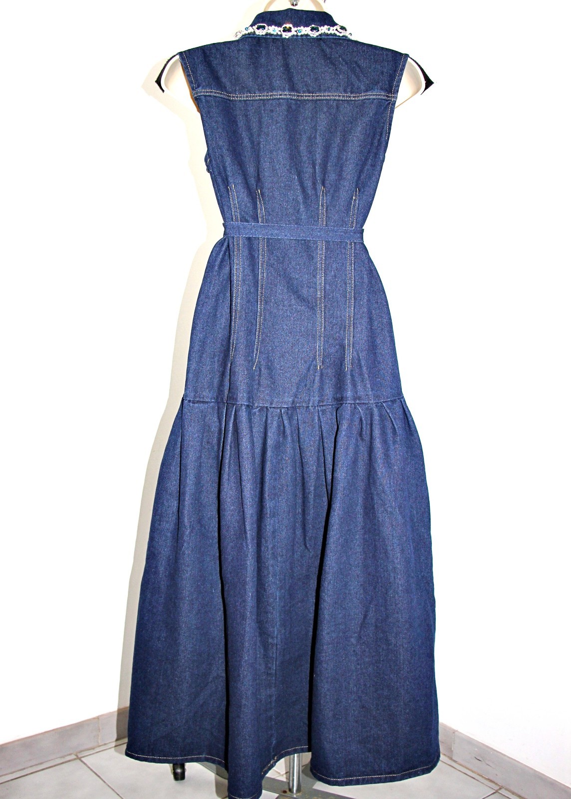 Dalia MacPhee Rhinestone Embellished Belted Tiered 56″ Long Denim Shirt Dress M