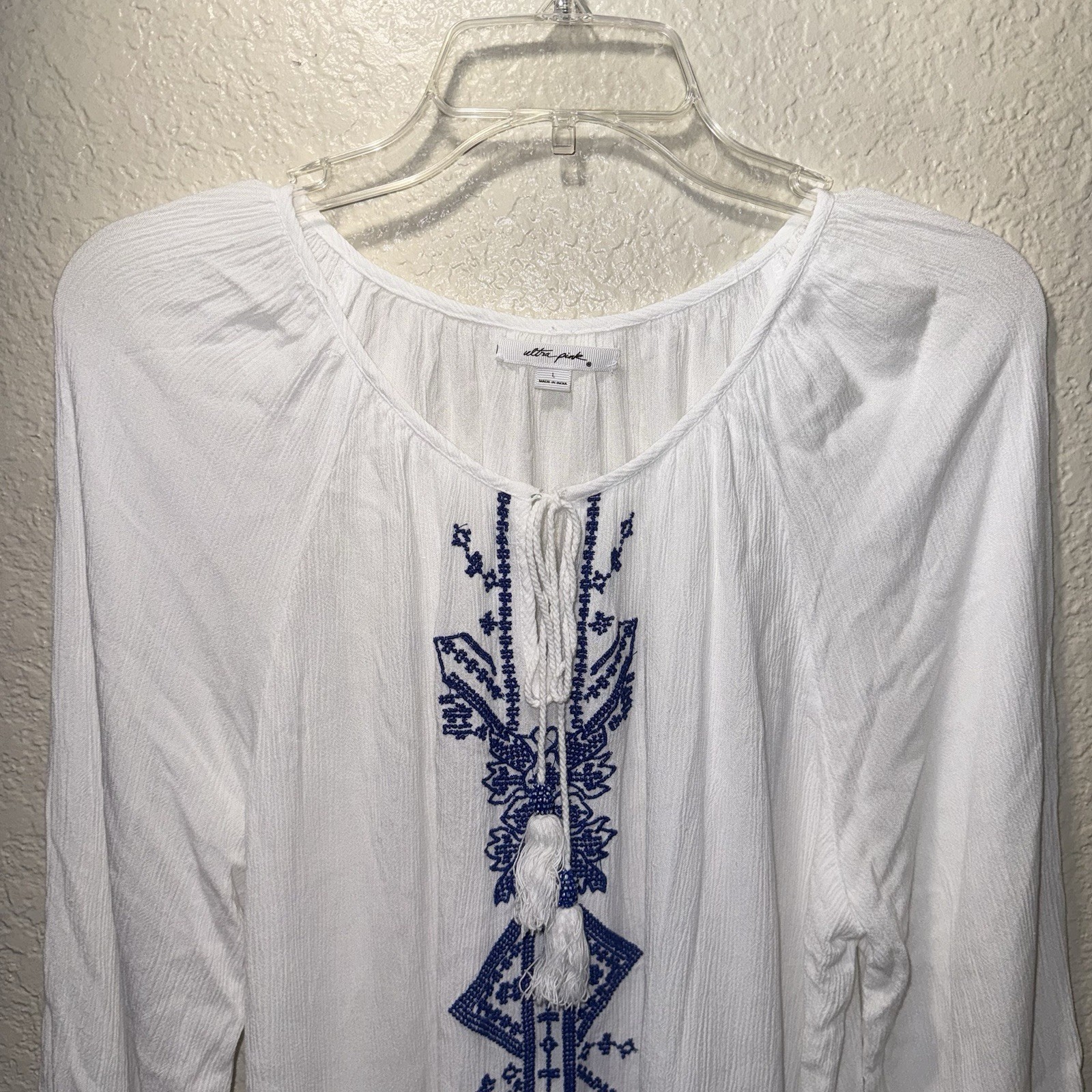 Ultra Pink Large White Embroidered Boho Peasant Tassel Sheer Top
