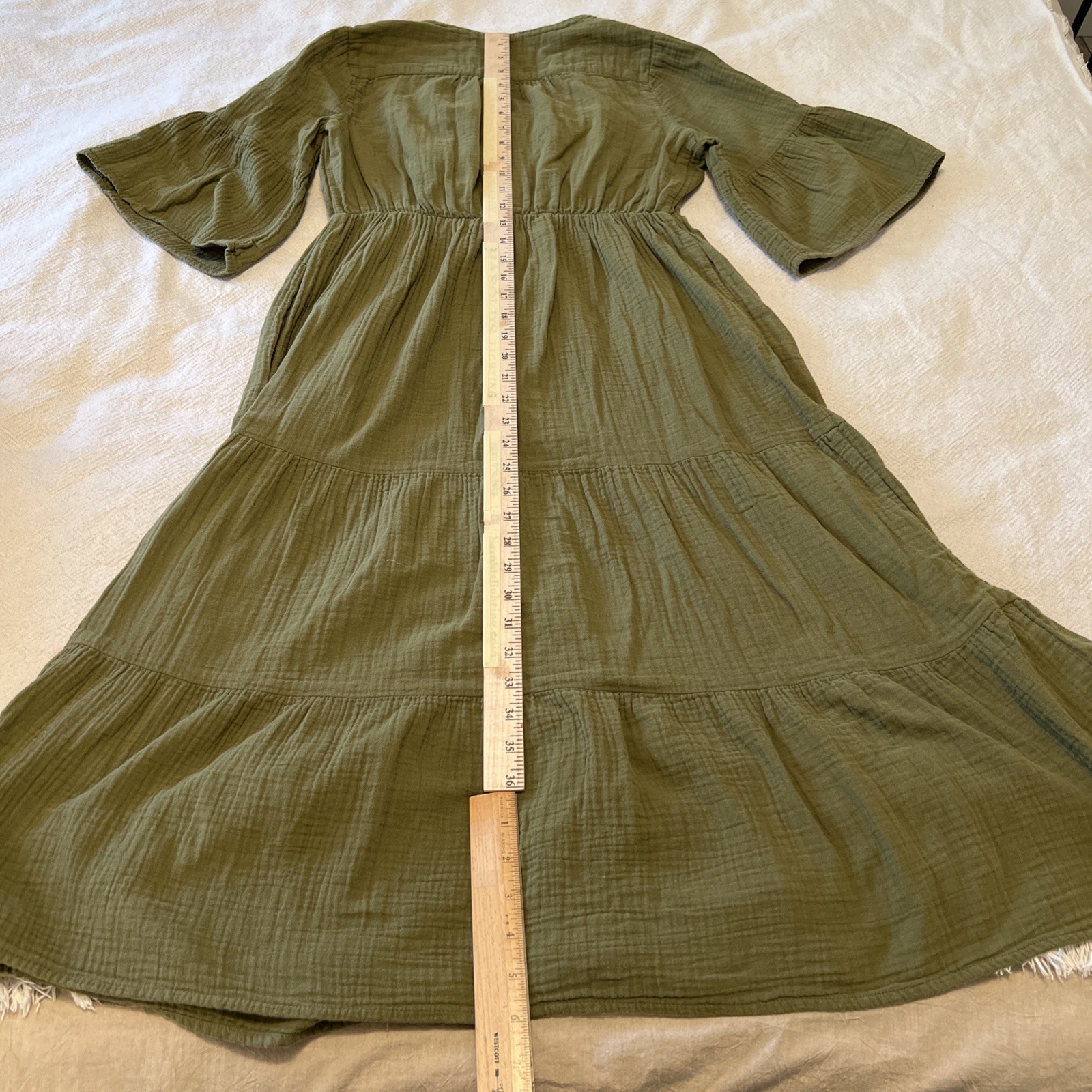 Women’s M Olive Green Cottage 100% Cotton Tiered Elastic Waist Pockets Dress