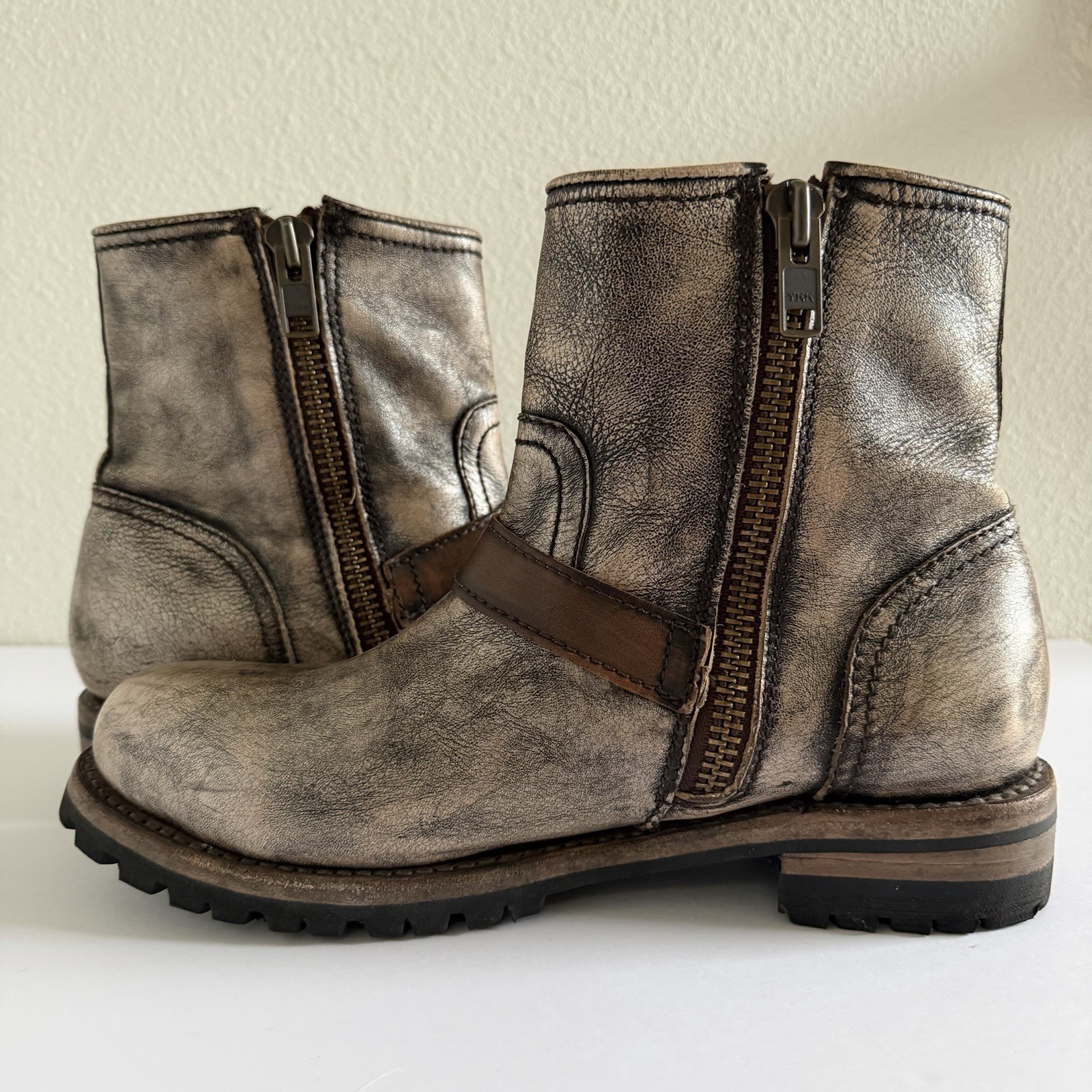 Freebird Harley Metallic Brown Leather Distressed Combat Moto Boots Womens US 12