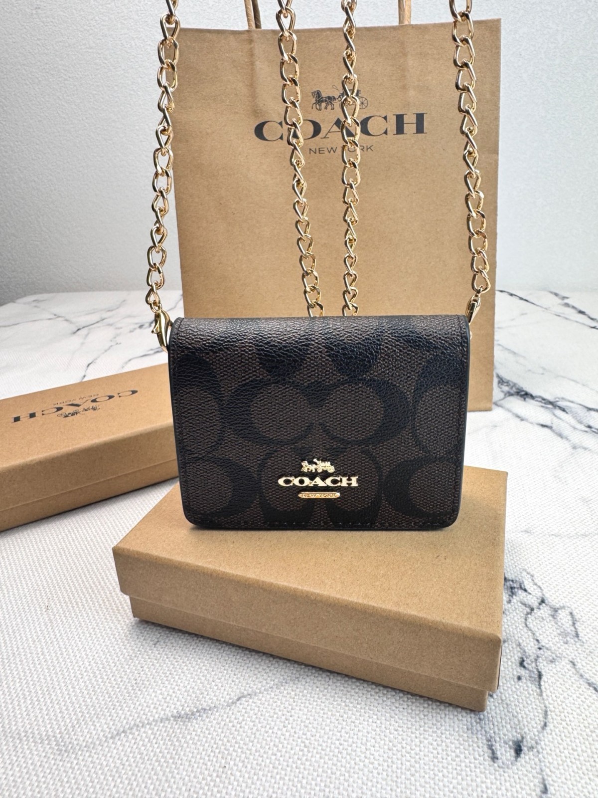 NWT Coach Mini Wallet On A Chain Signature Canvas With Charms CZ278 With Box