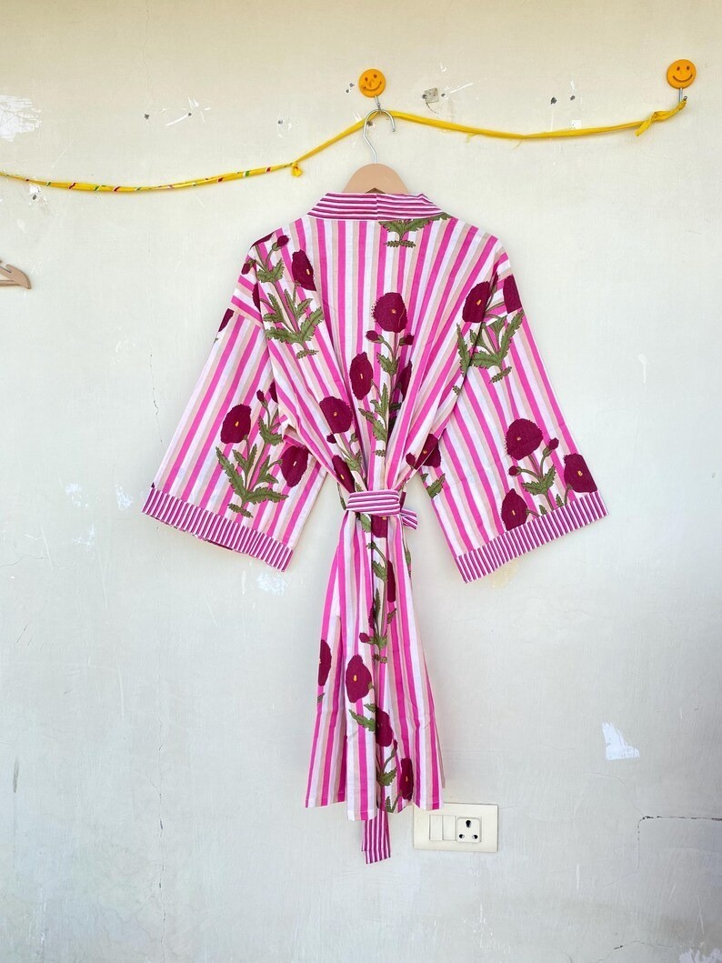 Indian Pink Floral Cotton Robe Short Kimono Sleepwear Night Suit Kimono Robe US