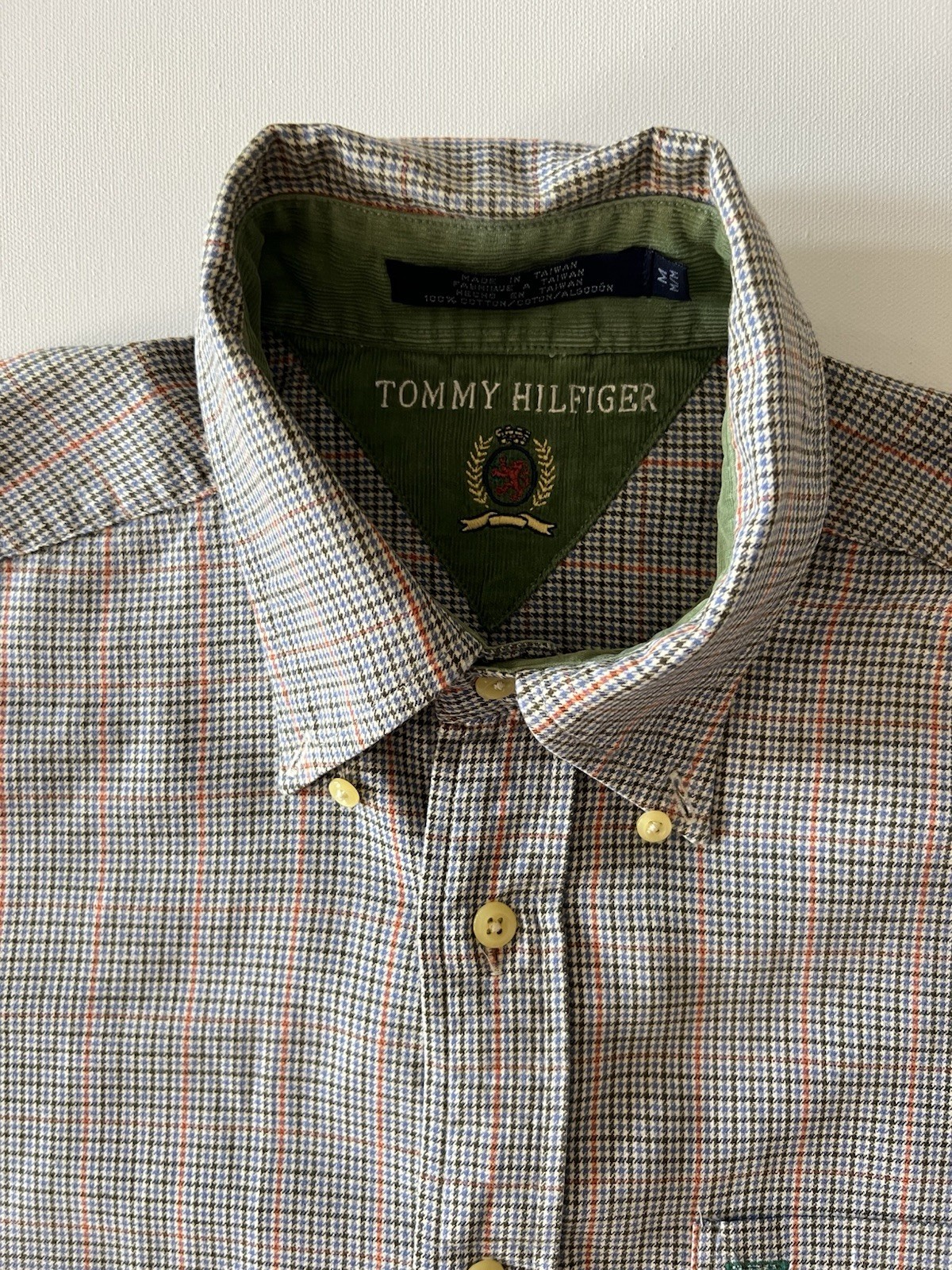 Vintage 90s Tommy Hilfiger Lion Crest Logo Button Down Shirt Green Plaid Large