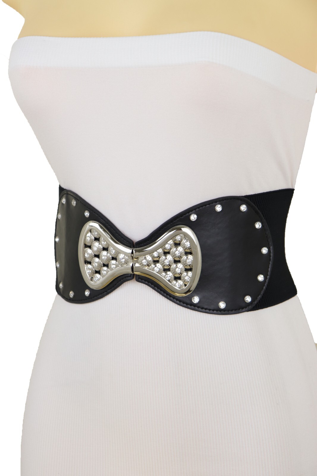 Women Wide Black Elastic Gift Present Belt Bling Bow Tie Ribbon Buckle Size S M