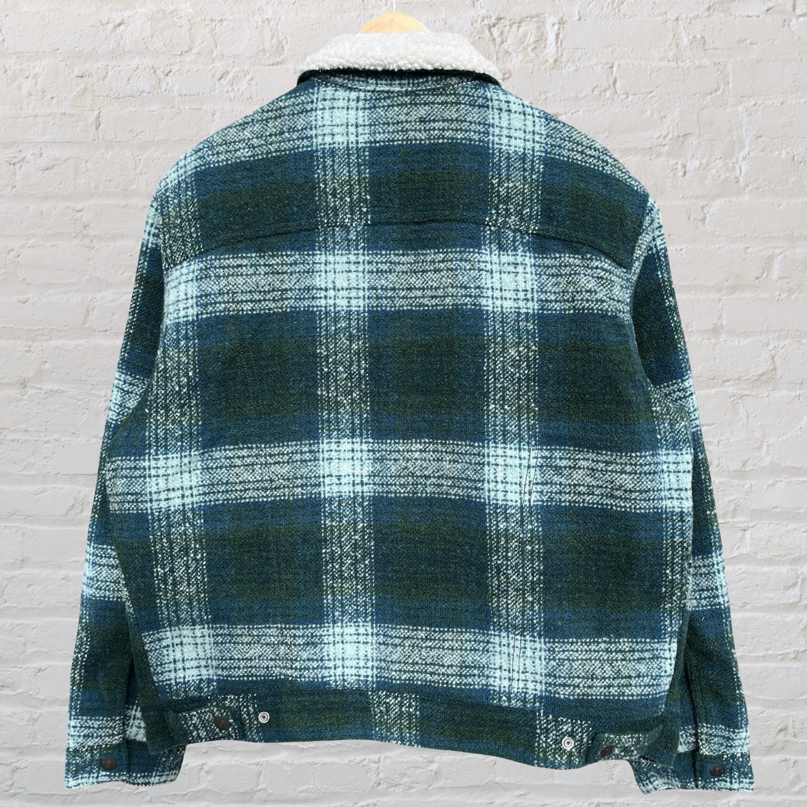 Levi’s Sherpa Lined Trucker Jacket Premium Green Plaid Wool Blend Big E