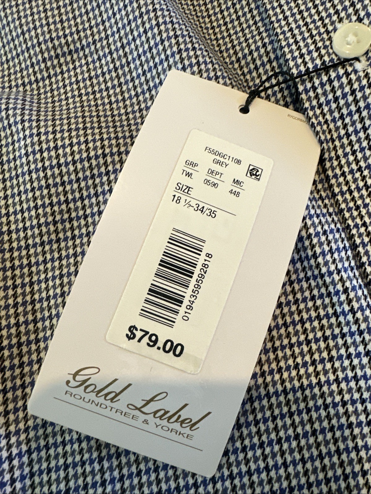 Roundtree Yorke Gold Label Men’s Shirt Size 18.5 34-35 Grey Blue Generation