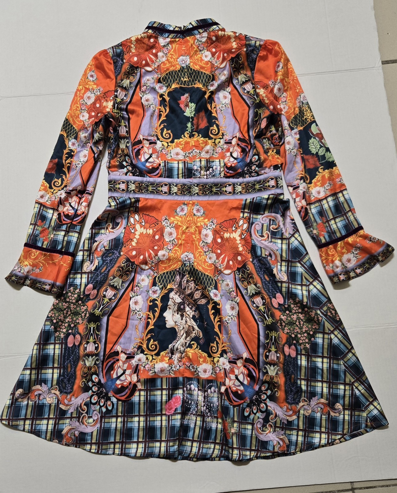 Dalia MacPhee Orange Multicolor Floral A-Line Dress High Neck 3/4 Bell M