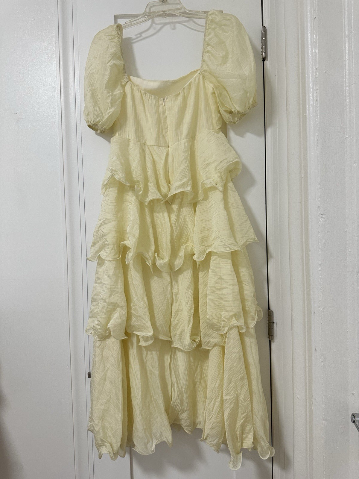 Women’s Yellow Solid Square Neck Puff Short Sleeve Ruffle Midi Dress Zip S