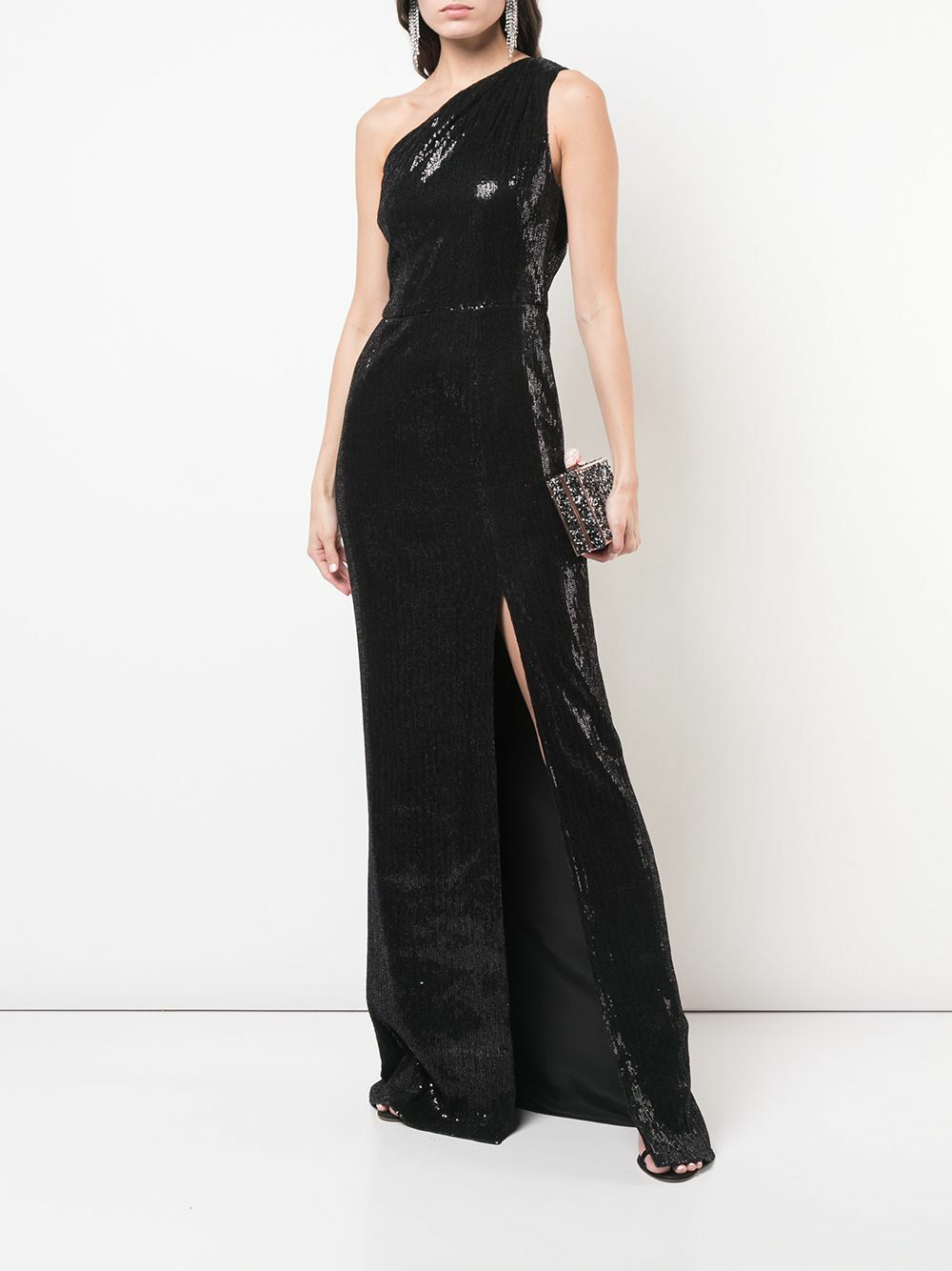 HANEY Black One Shoulder Sequin Embellished Velvet Hi-Slit Maxi Gown Dress 6 = S