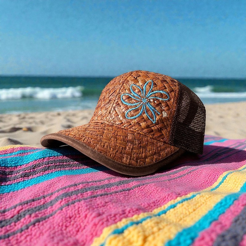 Lauhala and Mesh Hat – Embroidery Blue Tahitian Gardenia and Hawaiian Islands