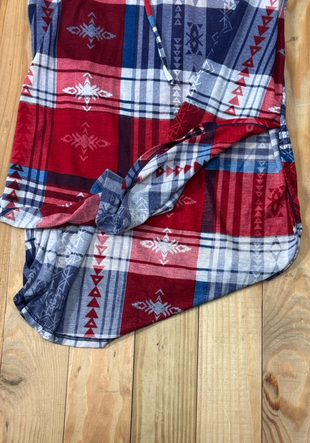 Almost Famous Blouse Womens Medium Plaid Sleeveless Lace Up Red & Blue Button