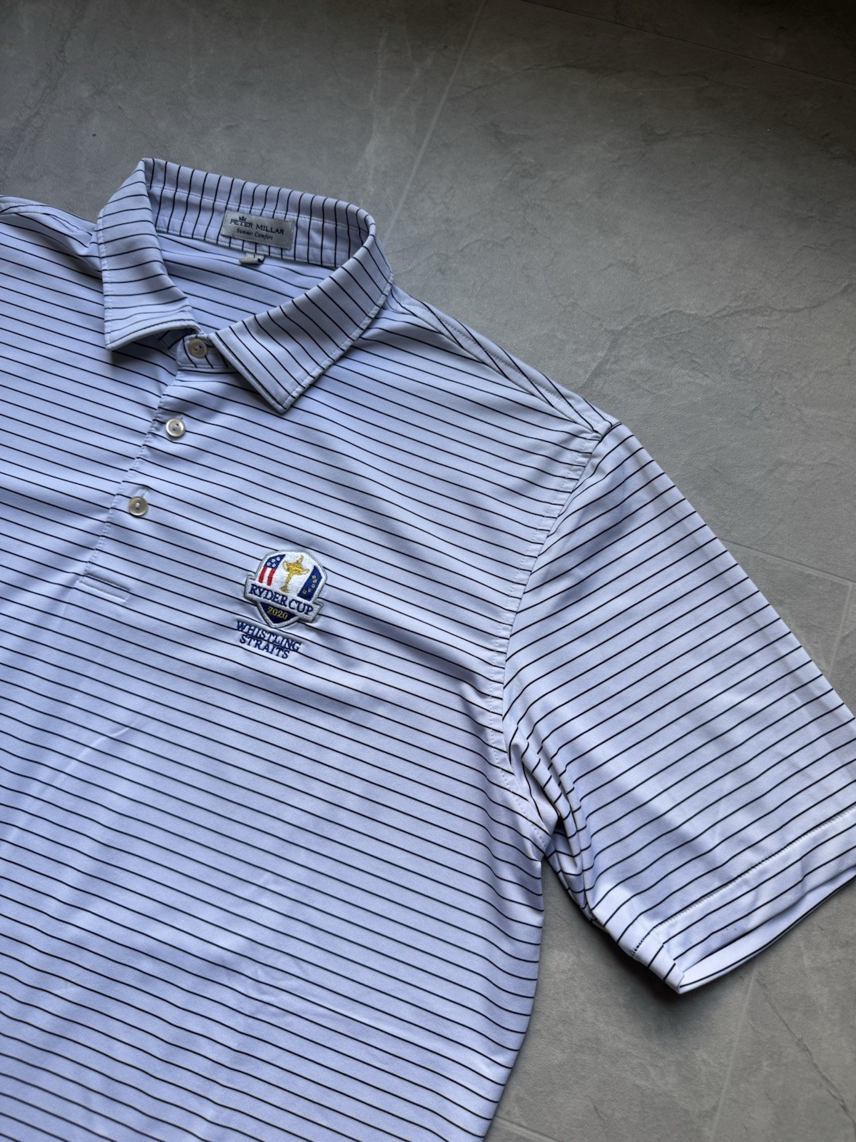 Peter Millar Summer Comfort Men’s L White/Blue Striped Ryder Cup Polo Stretch