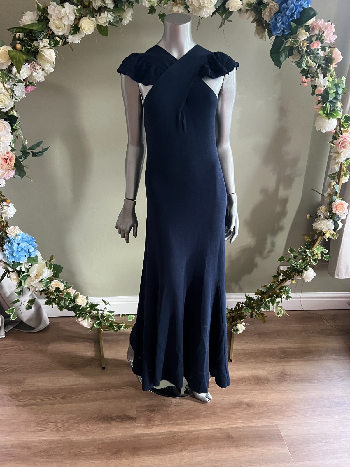 TED BAKER Maxi Dress Womens TB 2 UK 10 Navy Knitted Cross Over Crochet Trim NEW