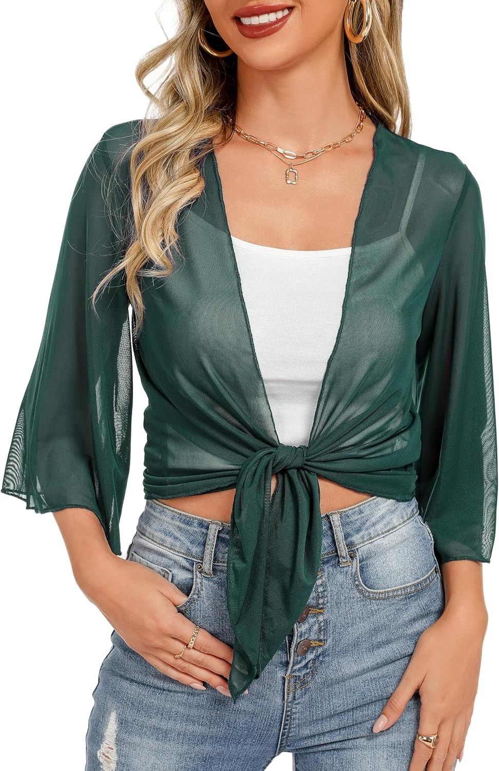 Womens Sheer Shrug Tie Front Cropped Bolero Cardigan Summer Bell Sleeve Top