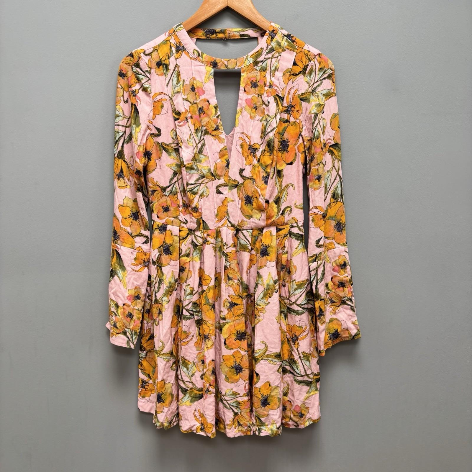 Free People Tegan Pink Floral Mini Dress Long Sleeve 0