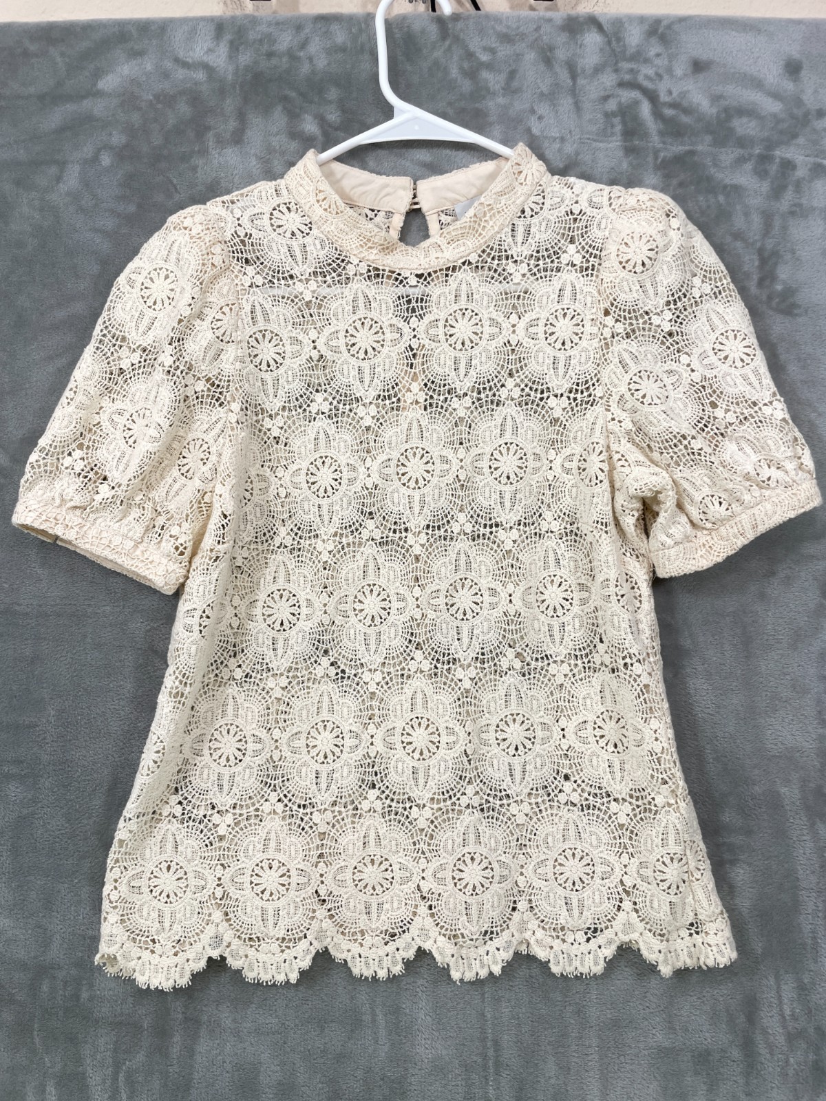 Veronika Maine Blouse Size 8 Crochet Floral Lace Ivory Cotton Short Sleeve Boho