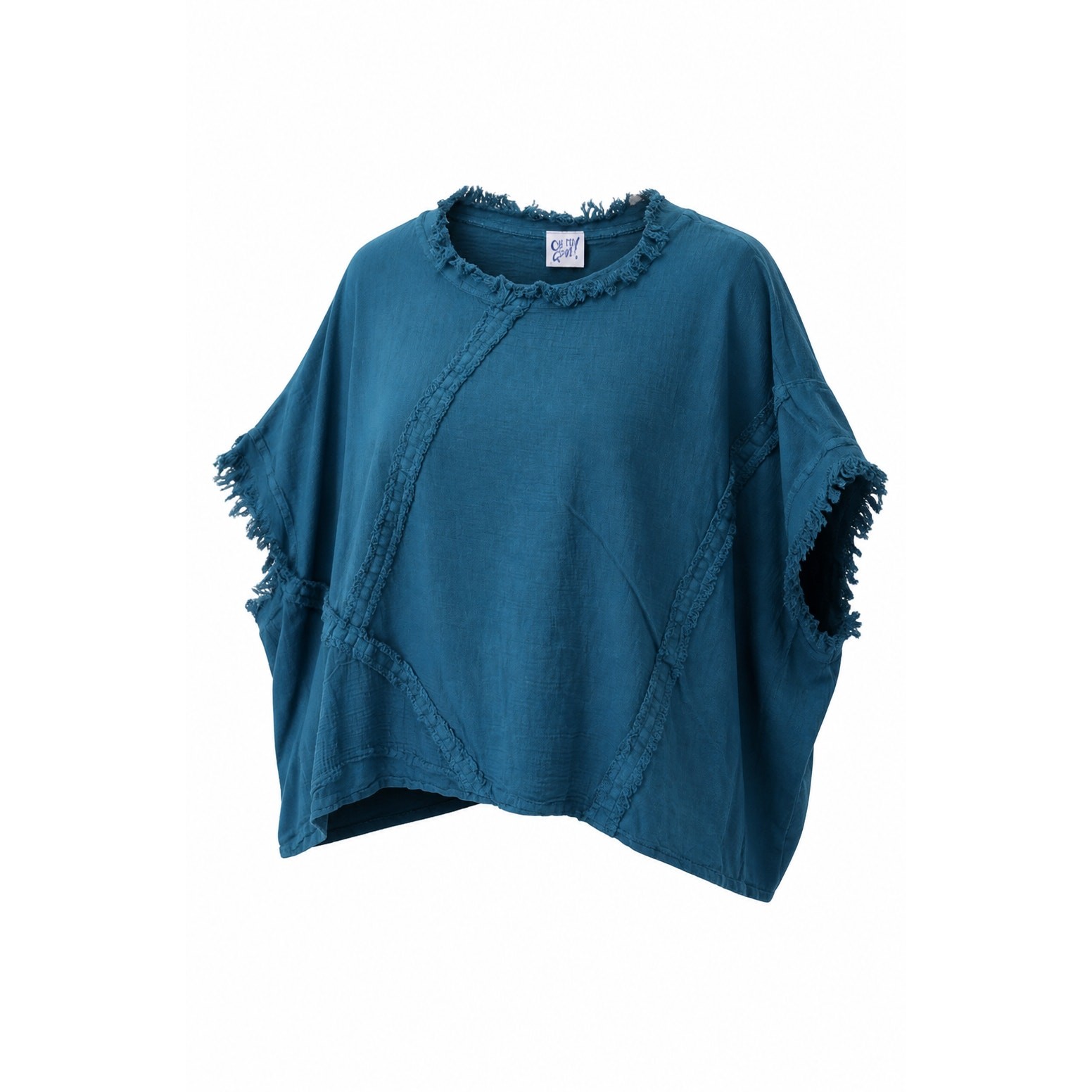 Oh My Gauze Teal 100% Cotton Boho Lagenlook Fringe Poncho Top Tunic One SZ Artsy