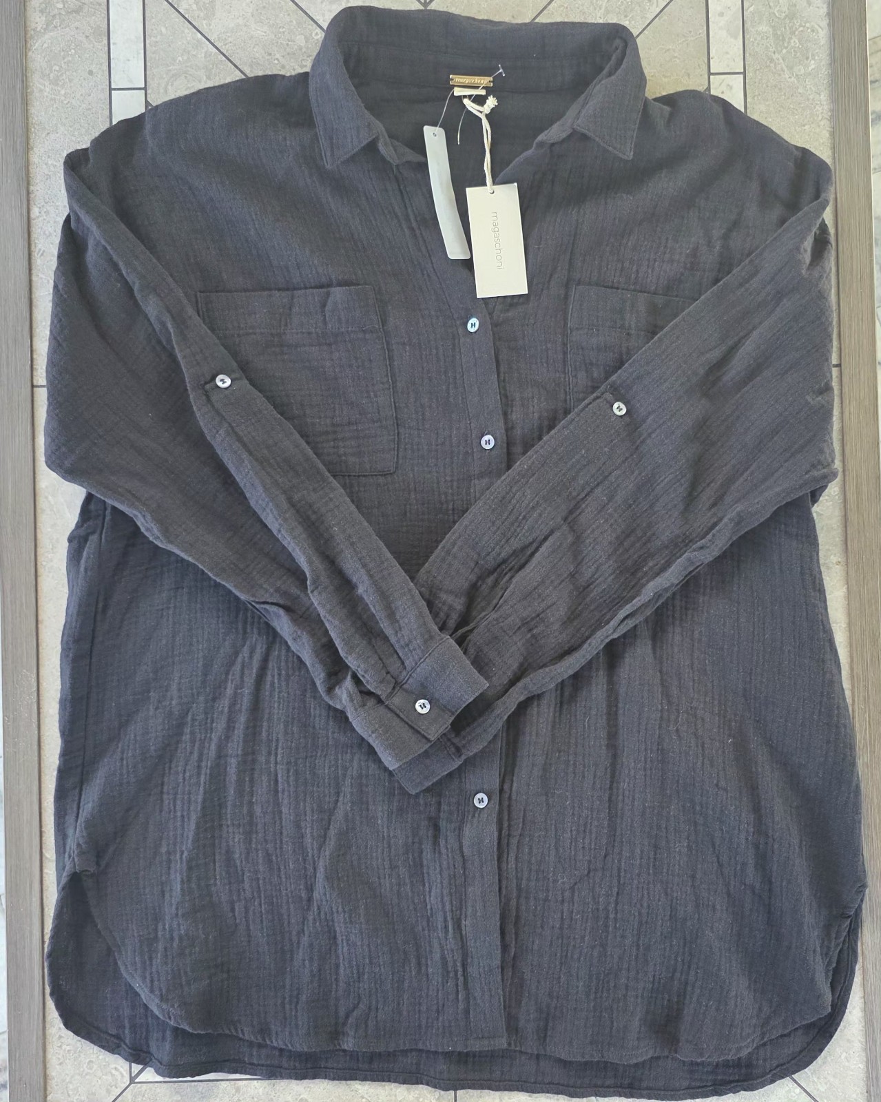 Magaschoni Women’s Medium Black Button Front Shirt NWT 100% Organic Cotton