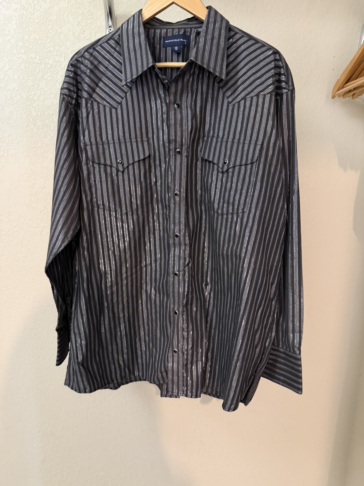 Panhandle Slim Men’s Country Western Black/SilverStripe Shirt XL 17.5 Pearl Snap