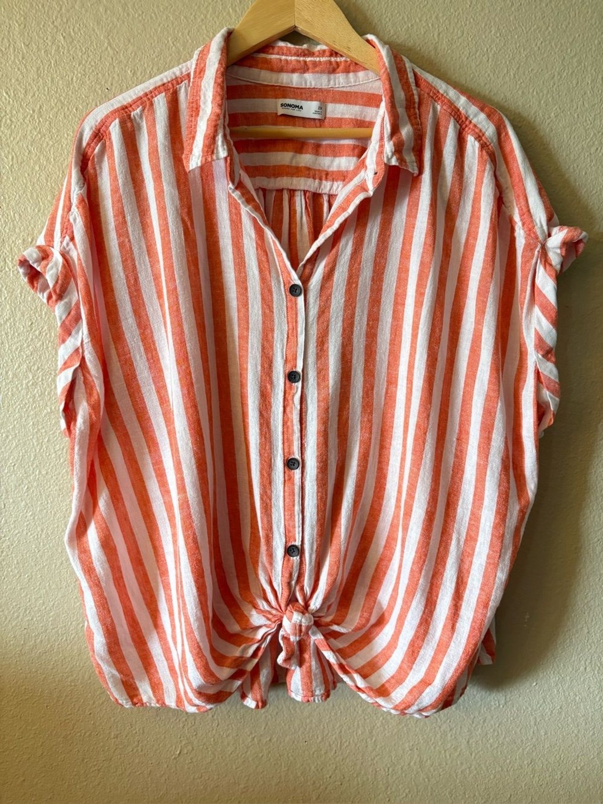 Sonoma Linen Blend Tie Front Shirt 2X Orange White Stripe Blouse
