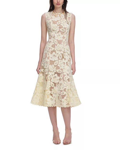 Self Portrait YELLOW CROCHET LACE MIDI DRESS