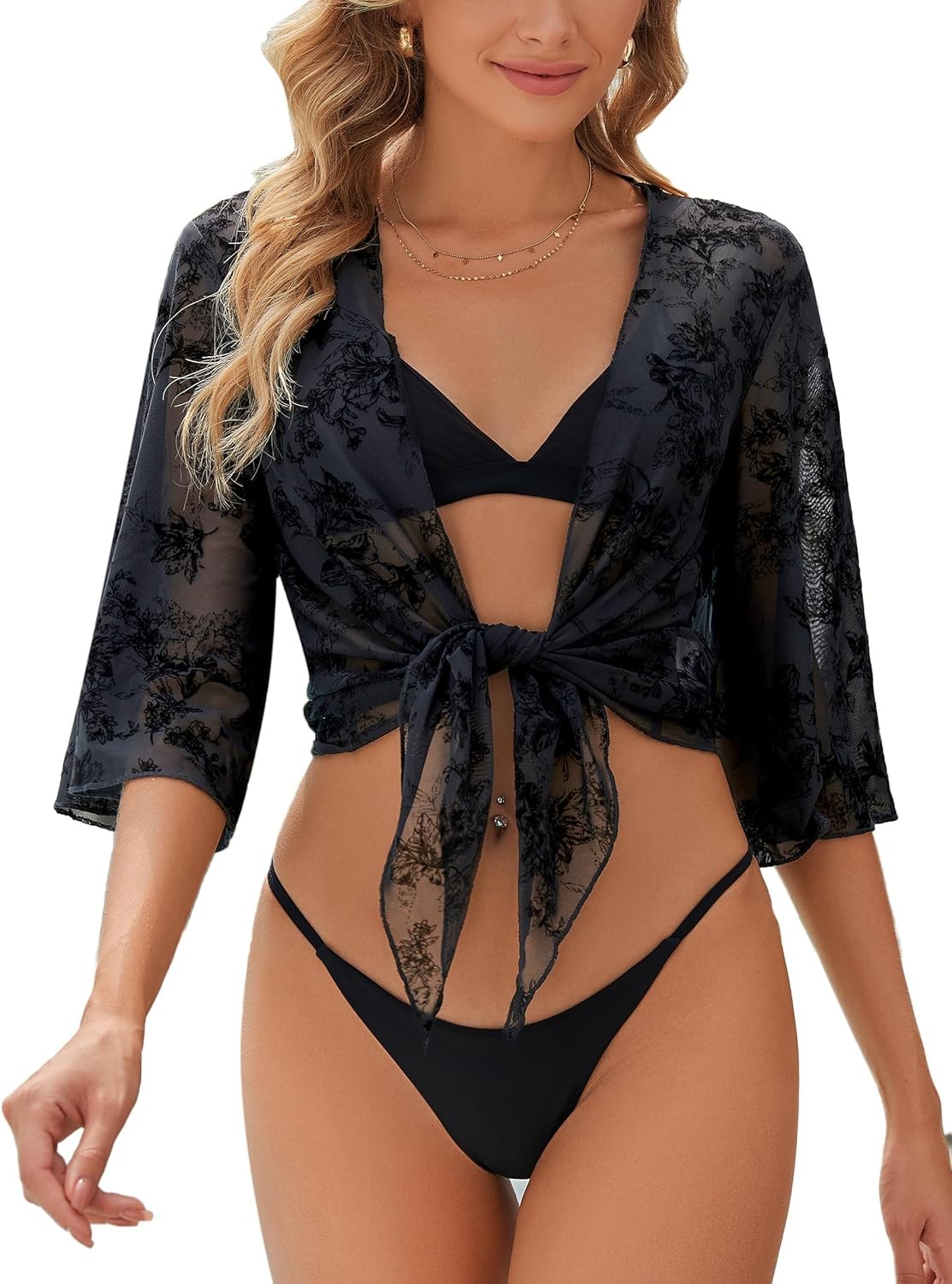 Womens Sheer Shrug Tie Front Cropped Bolero Cardigan Summer Bell Sleeve Top