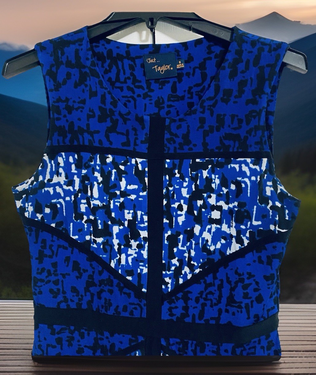 Just Taylor Womens Size 8 Blue Abstract A-Line Knee Dress Sleeveless Zip Stretch