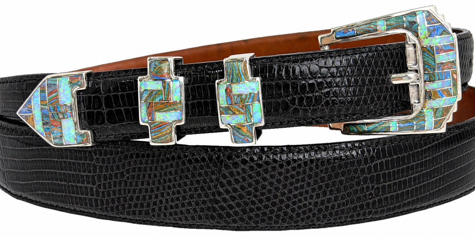 Sterling Silver Ranger Rainbow Calsilica Opal Stones Inlay Belt Buckle 40 Lizard