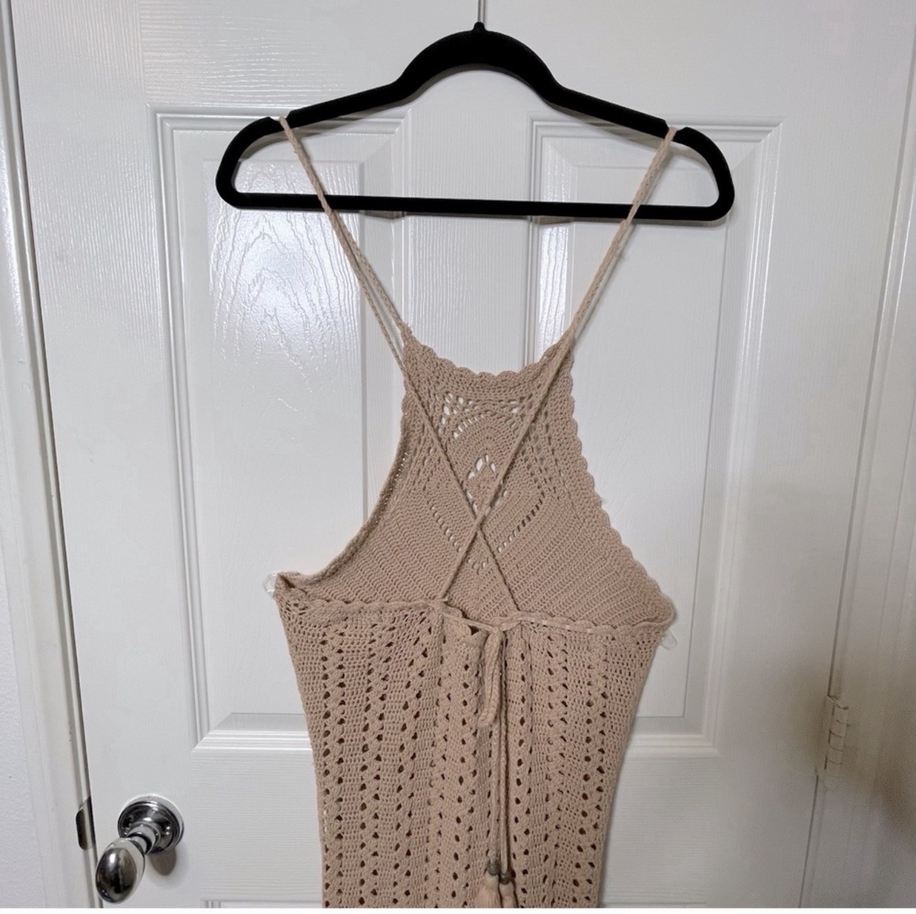 Spell & The Gypsy Collective Beige Crochet Halter Maxi Dress Tassel Open Back M